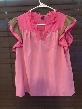 SHEIN Pink Ruffle-Sleeve Blouse with Olive Trim